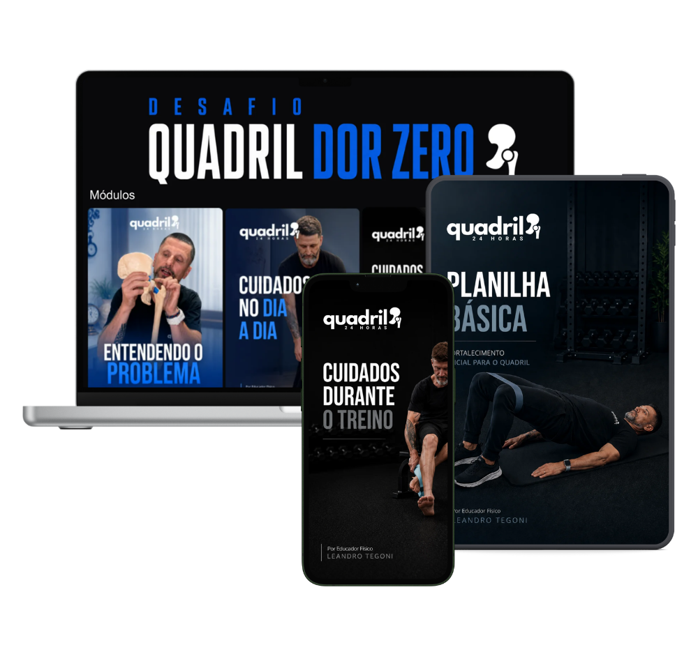 Mockup do Desafio Quadril Dor Zero — notebook, celular e tablet